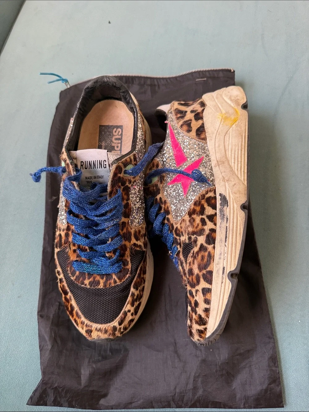 Golden goose leopard print Sneakers with Blue glitter Laces- RUNNING STYLE 💗 - Picture 2 of 5